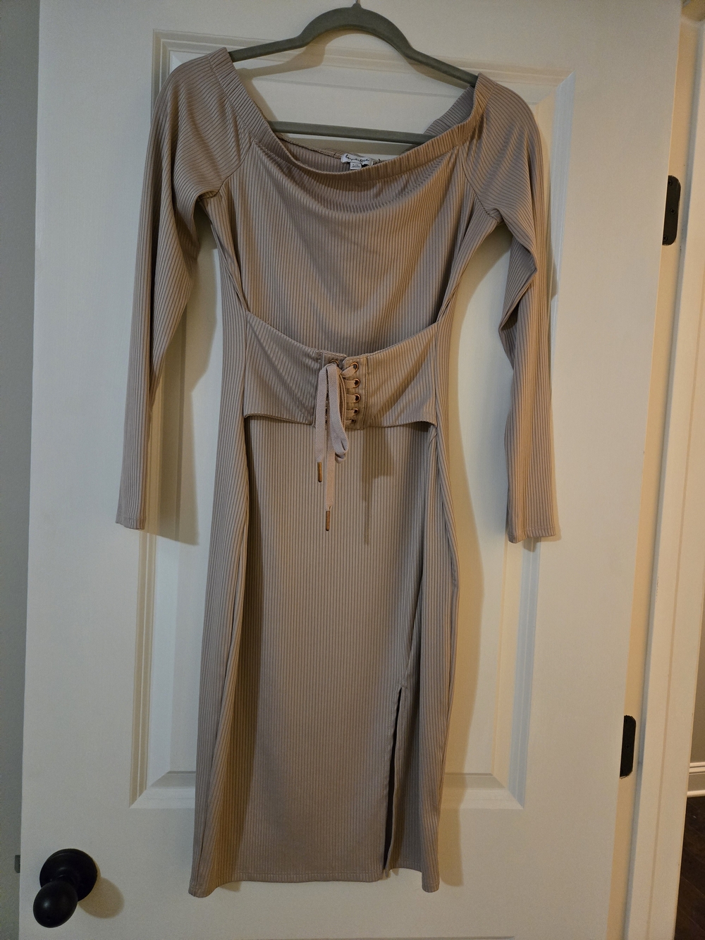 NWOT love, Fire Ribbed Knit Dress in Taupe Beige Size L
